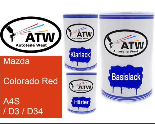 Mazda, Colorado Red, A4S / D3 / D34: 500ml Lackdose + 500ml Klarlack + 250ml Härter - Set, von ATW Autoteile West.